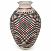 White Clay Mata Ortiz Vase with Geometric Pattern and Feathers