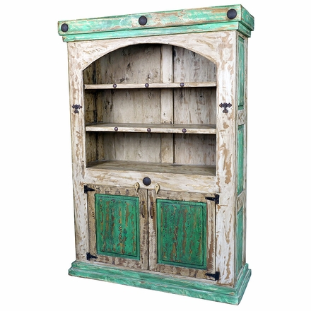 White & Green Distressed Paint Wood Bookcase & Cabinet