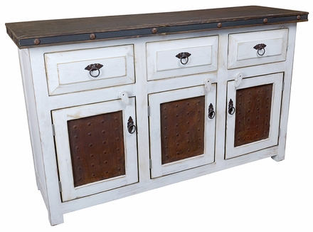 White Painted Wood Buffet with Iron Panel Doors - 3 Doors & 3 Drawers