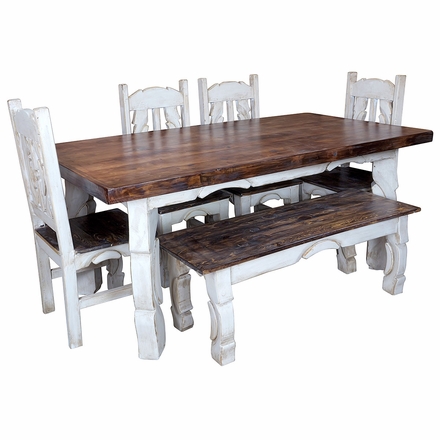 White Painted Wood Dining Set - 6 Piece -  Bench and 4 Chairs