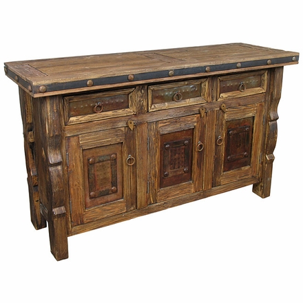 Wire Brush Old Wood Buffet with Ox Yoke Legs Iron Accents