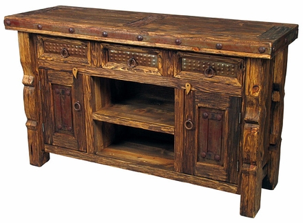 Wire Brush Ox Yoke Leg Entertainment Console with Iron Accents