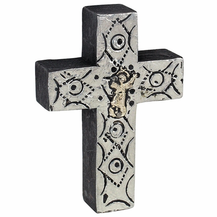 Wooden Mexican Folk Art Metallic Painted Milagro Cross - Set of 2