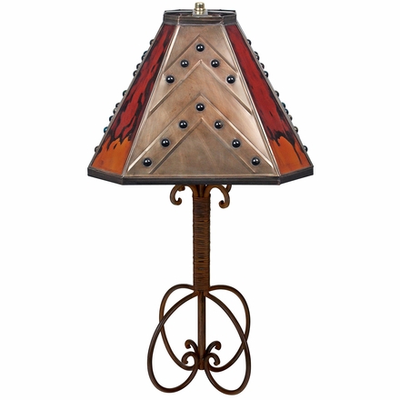 Wrapped Iron Table Lamp with Tin and Colored Glass Shade