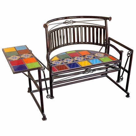 Wrought Iron Curved Back Rocking Bench with Talavera Tile & Side Table