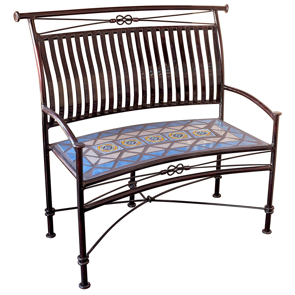 Wrought Iron Curved Patio Bench with Talavera Tile Seat