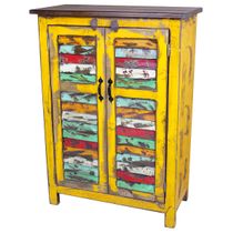 Yellow Painted Wood Cabinet with Multi-Color Slat Doors