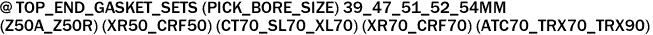 @ TOP_END_GASKET_SETS (PICK_BORE_SIZE) 39_47_51_52_54MM<p>(Z50A_Z50R) (XR50_CRF50) (CT70_SL70_XL70) (XR70_CRF70) (ATC70_TRX70_TRX90) 