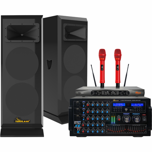 <font color=" blue">"ASM23" </font> Complete High-End Karaoke System W/ Floor Standing Speakers, Dual High Tech Wireless Microphones and 8000W Bluetooth Mixing Amplifier<sup><font color=" red">Free Gifts</font></sup>