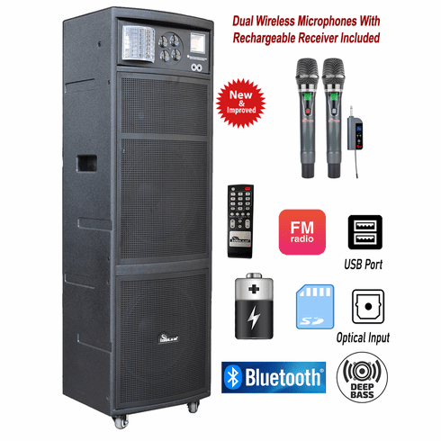 IDOlmain IPS-DJ07 II Portable Bluetooth Karaoke Super-Bass Boombox Speaker With Dual Wireless Microphone, Optical Input And Multi-Effect DJ Light