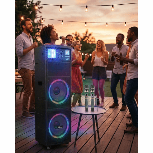 IDOlmain IPS-DJ07 II Portable Bluetooth Karaoke Super-Bass Boombox Speaker With Dual Wireless Microphone, Optical Input And Multi-Effect DJ Light   