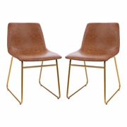 18 INCH DINING TABLE HEIGHT CHAIR, MID-BACK SLED BASE DINING CHAIR IN LIGHT BROWN LEATHERSOFT WITH GOLD FRAME, SET OF 2: <font color=green>FREE SHIPPING!</font>