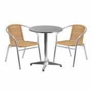 23.5'' ROUND ALUMINUM INDOOR-OUTDOOR TABLE SET WITH 2 BEIGE RATTAN CHAIRS: <font color=green>FREE SHIPPING!</font>