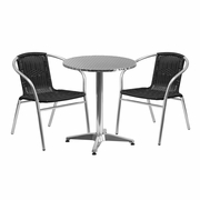 23.5'' ROUND ALUMINUM INDOOR-OUTDOOR TABLE SET WITH 2 BLACK RATTAN CHAIRS: <font color=green>FREE SHIPPING!</font>