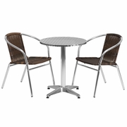 23.5'' ROUND ALUMINUM INDOOR-OUTDOOR TABLE SET WITH 2 DARK BROWN RATTAN CHAIRS: <font color=green>FREE SHIPPING!</font>