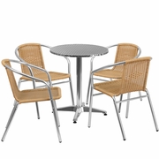 23.5'' ROUND ALUMINUM INDOOR-OUTDOOR TABLE SET WITH 4 BEIGE RATTAN CHAIRS: <font color=green>FREE SHIPPING!</font>