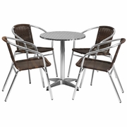 23.5'' ROUND ALUMINUM INDOOR-OUTDOOR TABLE SET WITH 4 DARK BROWN RATTAN CHAIRS: <font color=green>FREE SHIPPING!</font>