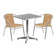 23.5'' SQUARE ALUMINUM INDOOR-OUTDOOR TABLE SET WITH 2 BEIGE RATTAN CHAIRS: <font color=green>FREE SHIPPING!</font>