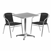 23.5'' SQUARE ALUMINUM INDOOR-OUTDOOR TABLE SET WITH 2 BLACK RATTAN CHAIRS: <font color=green>FREE SHIPPING!</font>