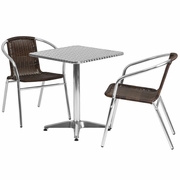 23.5'' SQUARE ALUMINUM INDOOR-OUTDOOR TABLE SET WITH 2 DARK BROWN RATTAN CHAIRS: <font color=green>FREE SHIPPING!</font>