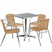 23.5'' SQUARE ALUMINUM INDOOR-OUTDOOR TABLE SET WITH 4 BEIGE RATTAN CHAIRS: <font color=green>FREE SHIPPING!</font>