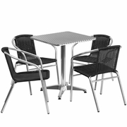 23.5'' SQUARE ALUMINUM INDOOR-OUTDOOR TABLE SET WITH 4 BLACK RATTAN CHAIRS: <font color=green>FREE SHIPPING!</font>