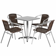23.5'' SQUARE ALUMINUM INDOOR-OUTDOOR TABLE SET WITH 4 DARK BROWN RATTAN CHAIRS: <font color=green>FREE SHIPPING!</font>
