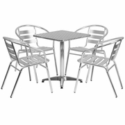 23.5'' SQUARE ALUMINUM INDOOR-OUTDOOR TABLE SET WITH 4 SLAT BACK CHAIRS: <font color=green>FREE SHIPPING!</font>
