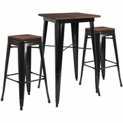 23.5" SQUARE BLACK METAL BAR TABLE SET WITH WOOD TOP AND 2 BACKLESS STOOLS <font color=green>FREE SHIPPING!</font>
