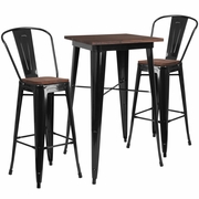 23.5" SQUARE BLACK METAL BAR TABLE SET WITH WOOD TOP AND 2 STOOLS <font color=green>FREE SHIPPING!</font>