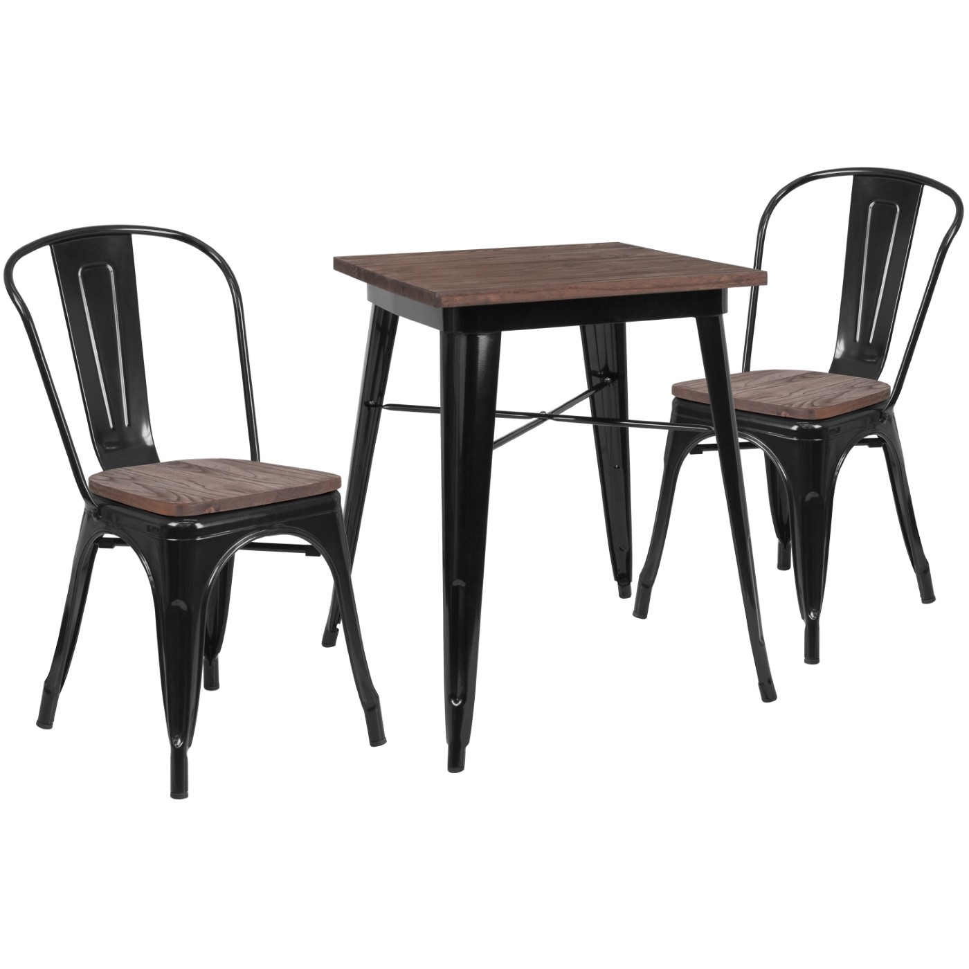 23.5" SQUARE BLACK METAL TABLE SET WITH WOOD TOP AND 2 STACK CHAIRS: <font color=green>FREE SHIPPING!</font> 23.5" SQUARE BLACK METAL TABLE SET WITH WOOD TOP AND 2 STACK CHAIRS: <font color=green>FREE SHIPPING!</font>