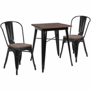 23.5" SQUARE BLACK METAL TABLE SET WITH WOOD TOP AND 2 STACK CHAIRS: <font color=green>FREE SHIPPING!</font>