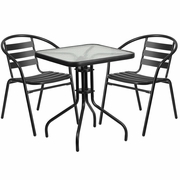 23.5'' SQUARE GLASS METAL TABLE WITH 2 BLACK METAL ALUMINUM SLAT STACK CHAIRS: <font color=green>FREE SHIPPING!</font>