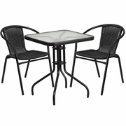 23.5'' SQUARE GLASS METAL TABLE WITH 2 BLACK RATTAN STACK CHAIRS: <font color=green>FREE SHIPPING!</font> 23.5'' SQUARE GLASS METAL TABLE WITH 2 BLACK RATTAN STACK CHAIRS: <font color=green>FREE SHIPPING!</font>