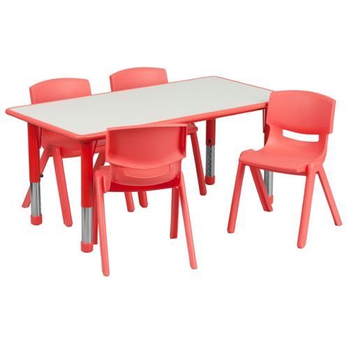 23.625''W X 47.25''L RECTANGULAR RED PLASTIC HEIGHT ADJUSTABLE ACTIVITY TABLE SET WITH 4 CHAIRS: <font color=green>FREE SHIPPING!</font>