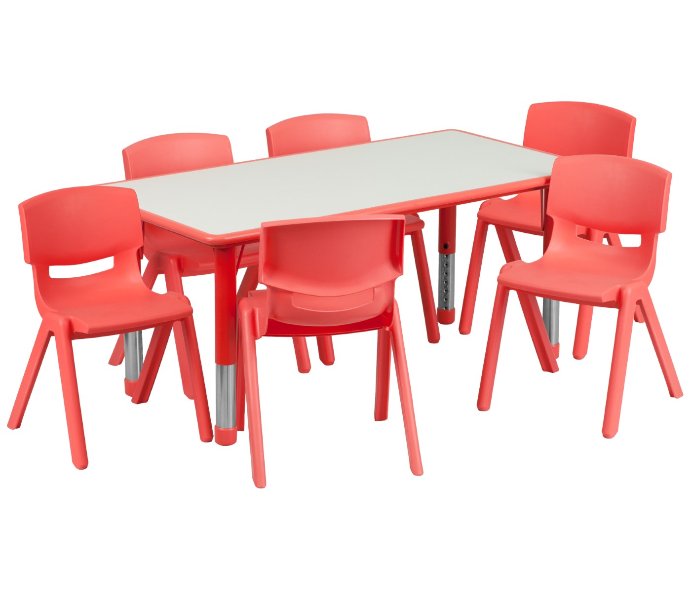 23.625''W X 47.25''L RECTANGULAR RED PLASTIC HEIGHT ADJUSTABLE ACTIVITY TABLE SET WITH 6 CHAIRS: <font color=green>FREE SHIPPING!</font> 23.625''W X 47.25''L RECTANGULAR RED PLASTIC HEIGHT ADJUSTABLE ACTIVITY TABLE SET WITH 6 CHAIRS: <font color=green>FREE SHIPPING!</font>