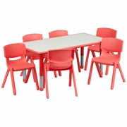 23.625''W X 47.25''L RECTANGULAR RED PLASTIC HEIGHT ADJUSTABLE ACTIVITY TABLE SET WITH 6 CHAIRS: <font color=green>FREE SHIPPING!</font>