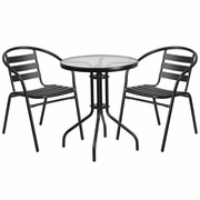 23.75'' ROUND GLASS METAL TABLE WITH 2 BLACK METAL ALUMINUM SLAT STACK CHAIRS: <font color=green>FREE SHIPPING!</font>