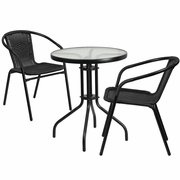 23.75'' ROUND GLASS METAL TABLE WITH 2 BLACK RATTAN STACK CHAIRS: <font color=green>FREE SHIPPING!</font>