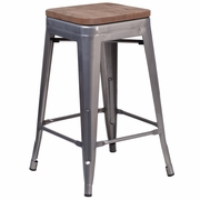 24" HIGH BACKLESS CLEAR COATED METAL COUNTER HEIGHT STOOL WITH SQUARE WOOD SEAT <font color=green>FREE SHIPPING!</font>