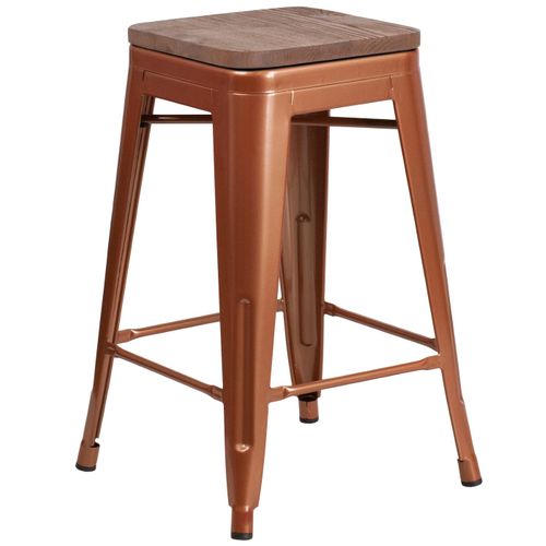 24" HIGH BACKLESS COPPER COUNTER HEIGHT STOOL WITH SQUARE WOOD SEAT: <font color=green>FREE SHIPPING!</font>
