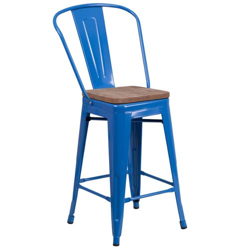 24" HIGH BLUE METAL COUNTER HEIGHT STOOL WITH BACK AND WOOD SEAT <font color=green>FREE SHIPPING!</font>
