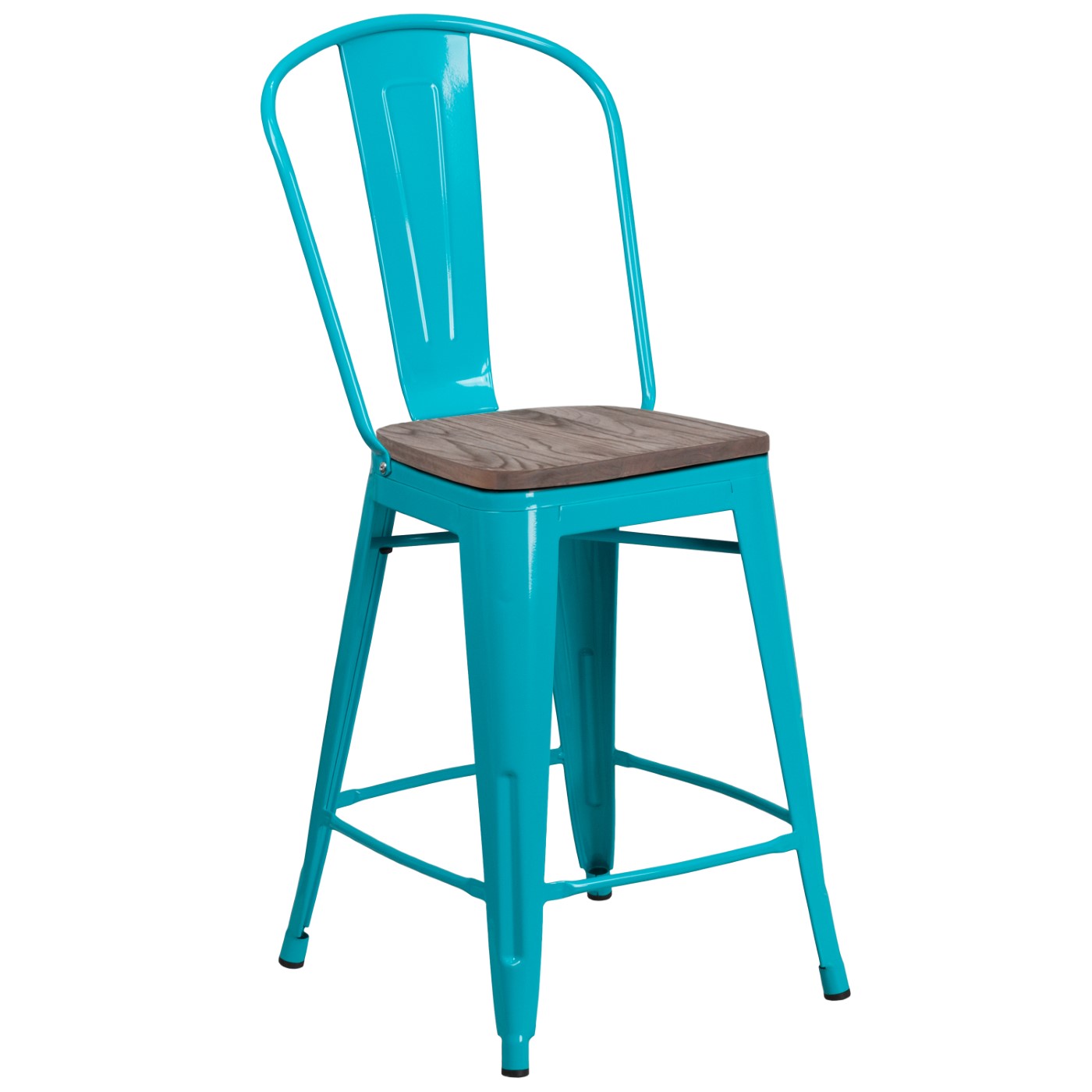24" HIGH CRYSTAL TEAL-BLUE METAL COUNTER HEIGHT STOOL WITH BACK AND WOOD SEAT: <font color=green>FREE SHIPPING!</font> 24" HIGH CRYSTAL TEAL-BLUE METAL COUNTER HEIGHT STOOL WITH BACK AND WOOD SEAT: <font color=green>FREE SHIPPING!</font>