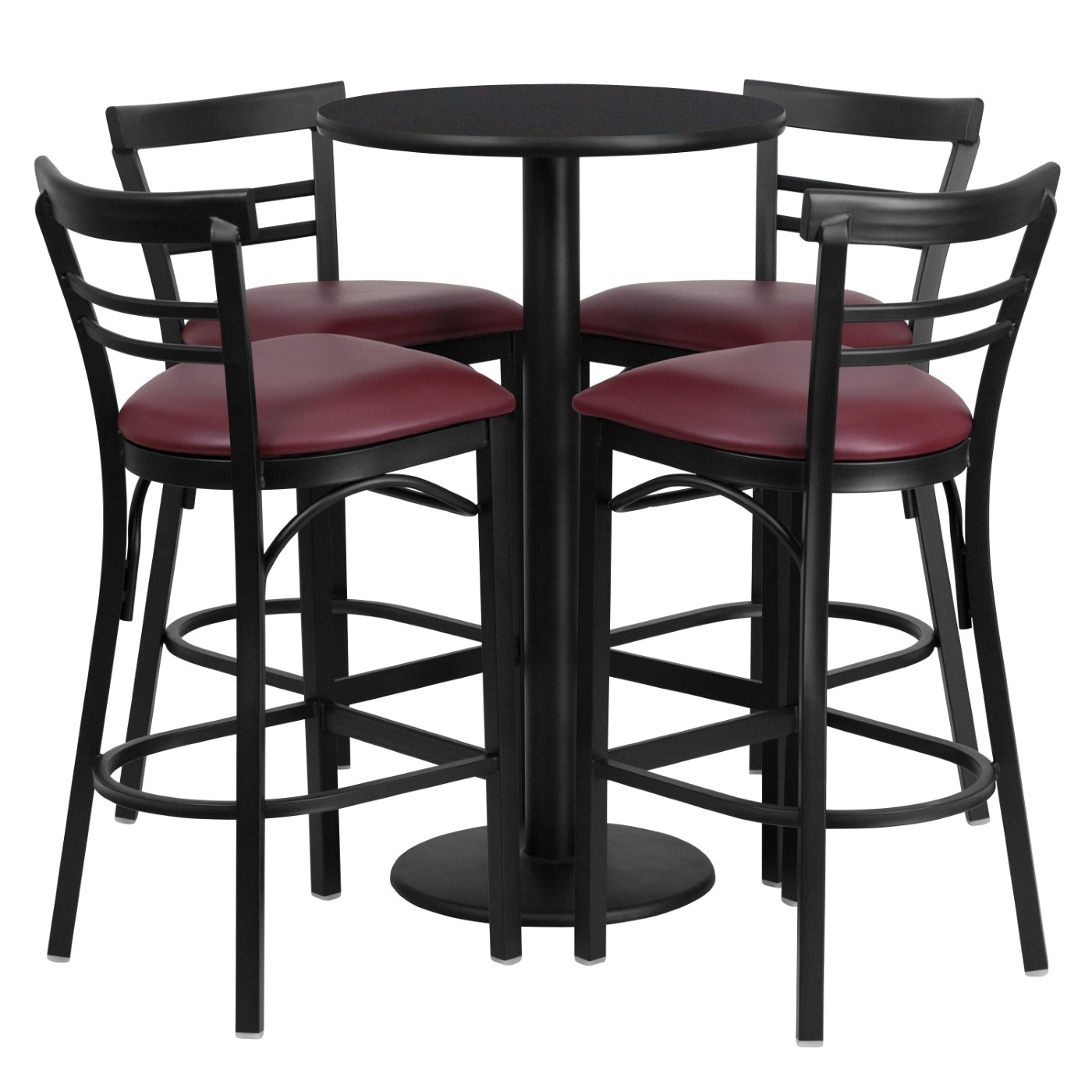 24'' ROUND BLACK LAMINATE TABLE SET WITH ROUND BASE AND 4 TWO-SLAT LADDER BACK METAL BARSTOOLS - BURGUNDY VINYL SEAT <font color=green>FREE SHIPPING!</font> 24'' ROUND BLACK LAMINATE TABLE SET WITH ROUND BASE AND 4 TWO-SLAT LADDER BACK METAL BARSTOOLS - BURGUNDY VINYL SEAT <font color=green>FREE SHIPPING!</font>