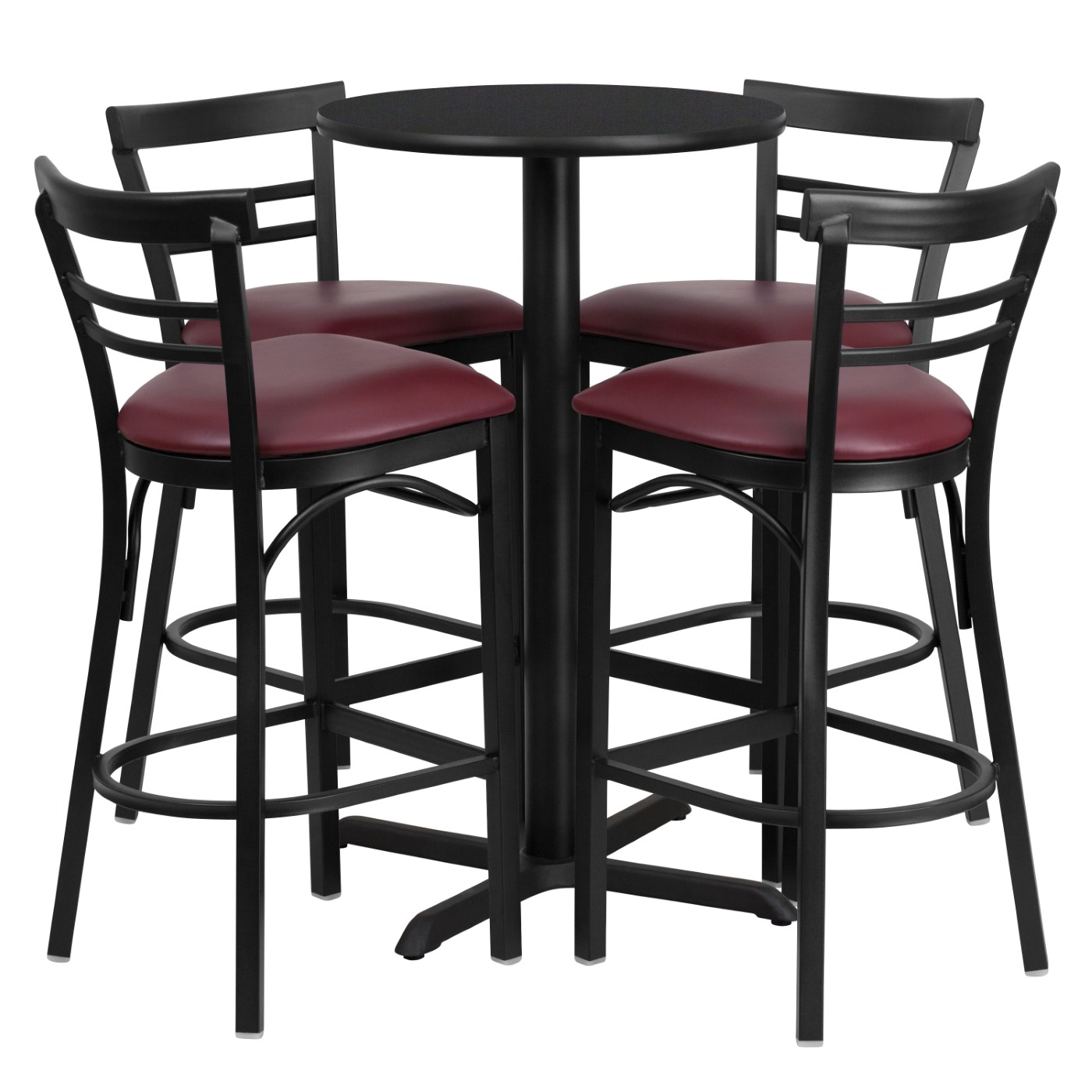 24'' ROUND BLACK LAMINATE TABLE SET WITH X-BASE AND 4 TWO-SLAT LADDER BACK METAL BARSTOOLS - BURGUNDY VINYL SEAT <font color=green>FREE SHIPPING!</font> 24'' ROUND BLACK LAMINATE TABLE SET WITH X-BASE AND 4 TWO-SLAT LADDER BACK METAL BARSTOOLS - BURGUNDY VINYL SEAT <font color=green>FREE SHIPPING!</font>