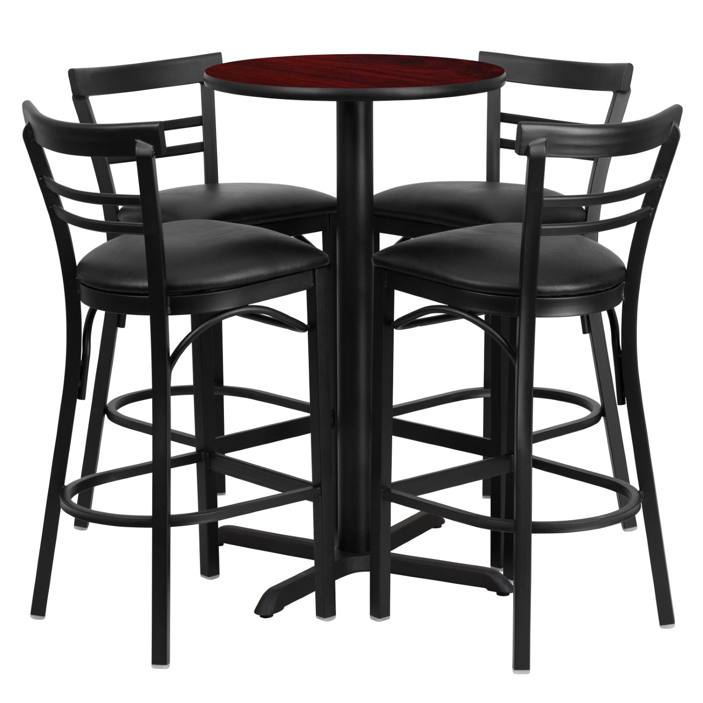 24'' ROUND MAHOGANY LAMINATE TABLE SET WITH X-BASE AND 4 TWO-SLAT LADDER BACK METAL BARSTOOLS - BLACK VINYL SEAT <font color=green>FREE SHIPPING!</font> 24'' ROUND MAHOGANY LAMINATE TABLE SET WITH X-BASE AND 4 TWO-SLAT LADDER BACK METAL BARSTOOLS - BLACK VINYL SEAT <font color=green>FREE SHIPPING!</font>