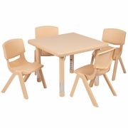 24" SQUARE NATURAL PLASTIC HEIGHT ADJUSTABLE ACTIVITY TABLE SET WITH 4 CHAIRS: <font color=green>FREE SHIPPING!</font>