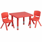 24'' SQUARE RED PLASTIC HEIGHT ADJUSTABLE ACTIVITY TABLE SET WITH 2 CHAIRS: <font color=green>FREE SHIPPING!</font>