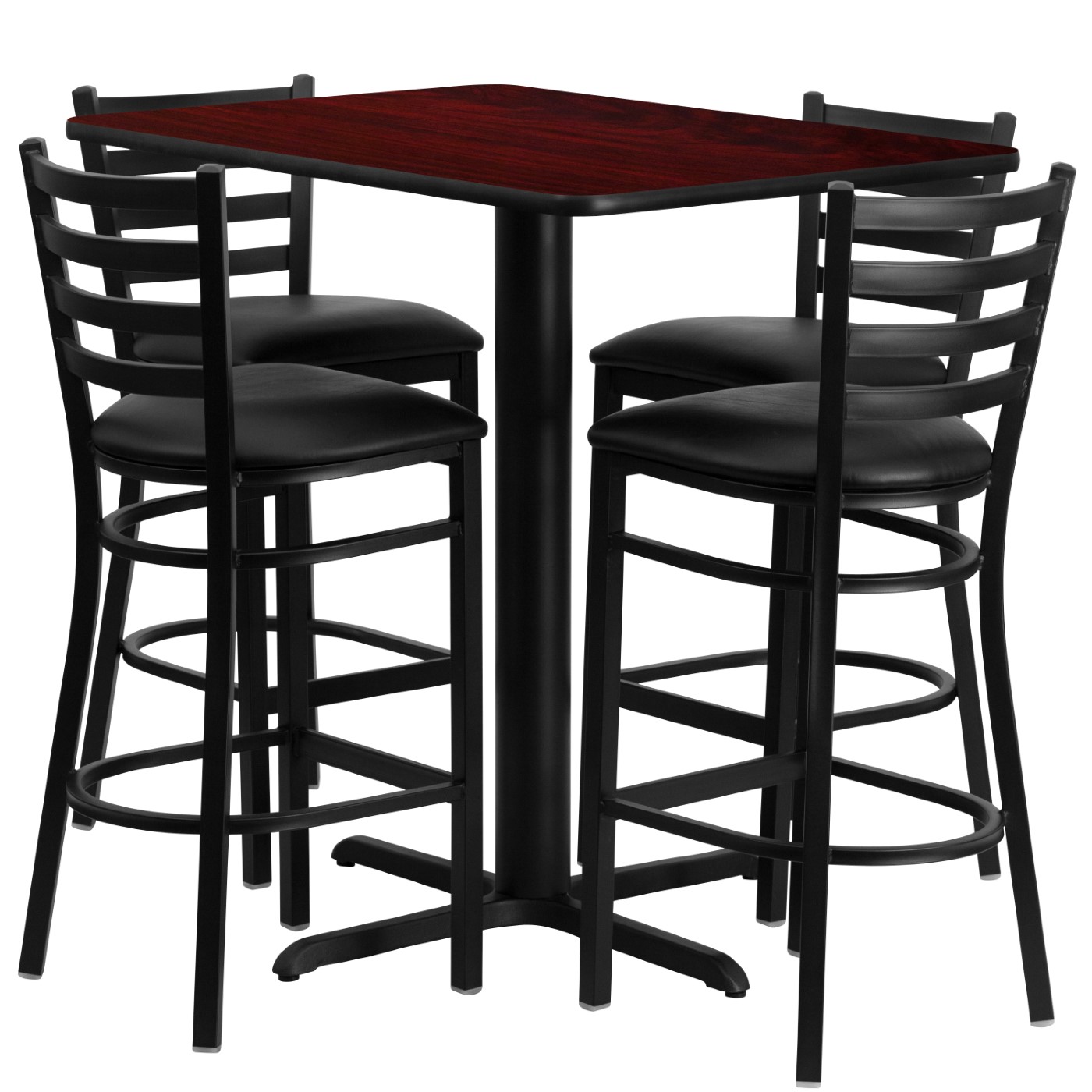 24''W X 42''L RECTANGULAR MAHOGANY LAMINATE TABLE SET WITH 4 LADDER BACK METAL BARSTOOLS - BLACK VINYL SEAT: <font color=green>FREE SHIPPING!</font> 24''W X 42''L RECTANGULAR MAHOGANY LAMINATE TABLE SET WITH 4 LADDER BACK METAL BARSTOOLS - BLACK VINYL SEAT: <font color=green>FREE SHIPPING!</font>