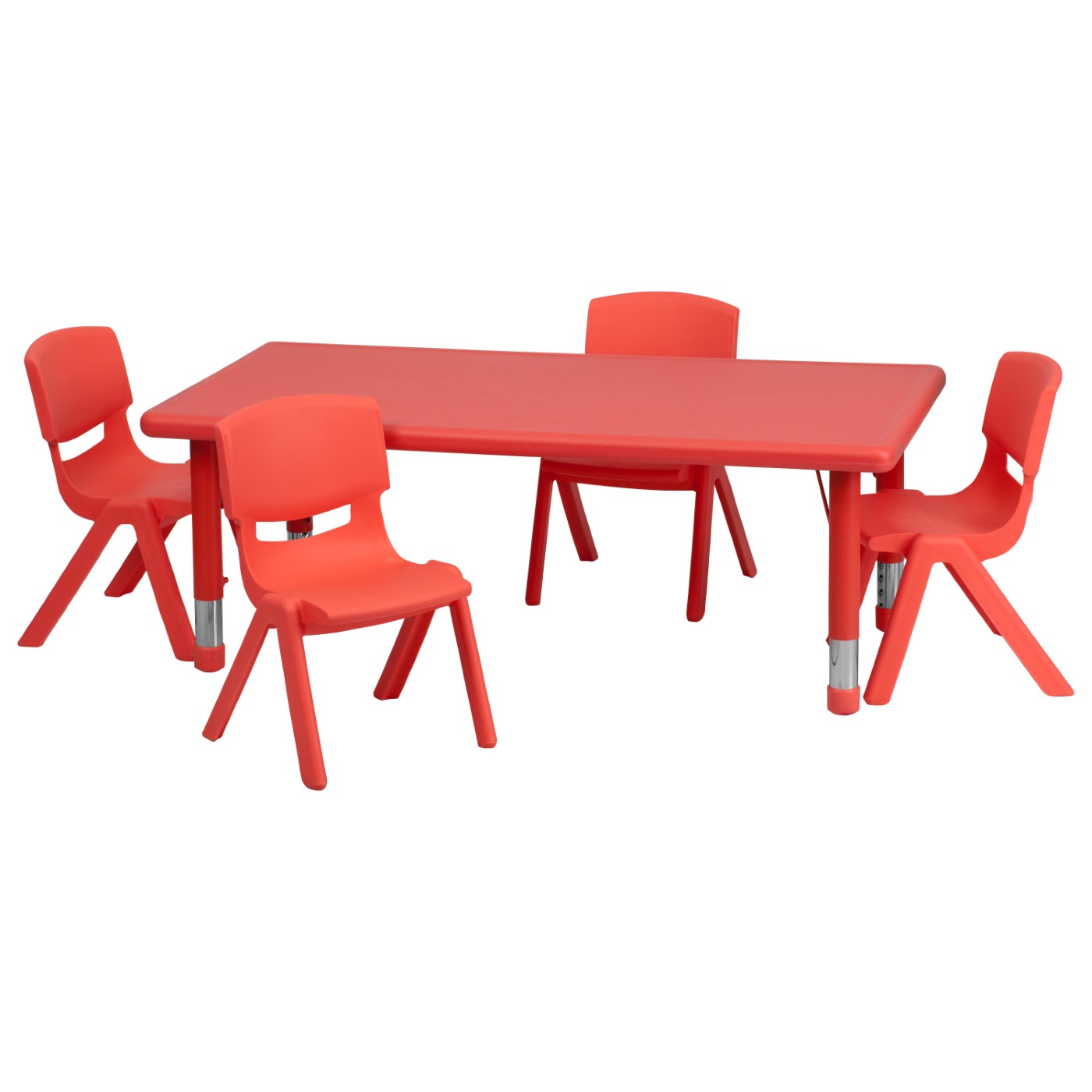 24''W X 48''L RECTANGULAR RED PLASTIC HEIGHT ADJUSTABLE ACTIVITY TABLE SET WITH 4 CHAIRS: <font color=green>FREE SHIPPING!</font> 24''W X 48''L RECTANGULAR RED PLASTIC HEIGHT ADJUSTABLE ACTIVITY TABLE SET WITH 4 CHAIRS: <font color=green>FREE SHIPPING!</font>